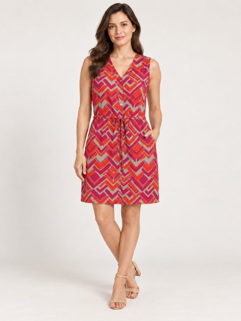 Banana Republic Size 4 Pink Orange Geometric Sleeveless Tie Waist Dress Lined